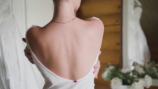 The beautiful bare back of the bride on her wedding day