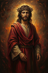 Jesus Christ wearing a crown of thorns in an oil painting style. Painterly brushwork on hair, skin, and thorn details.