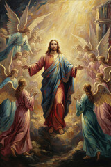 Jesus surrounded by ethereal angels in warm golden red and blue tones