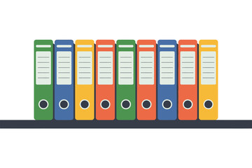 Multiple colored ring binders stand neatly organized upon a dark shelf surface.