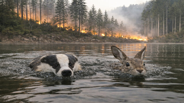 Badger and hare swimming side by side across a calm lake as a forest fire burns in the background, symbolizing wildlife survival during natural disasters.