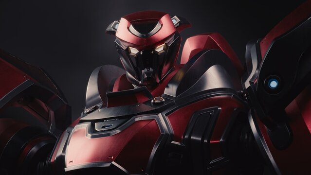 3D render of a futuristic sci-fi mecha samurai bust. Heavy metal red and grey armor with realistic scratches and glowing eyes. Dark background, cinematic lighting, cyberpunk mech warrior concept art.