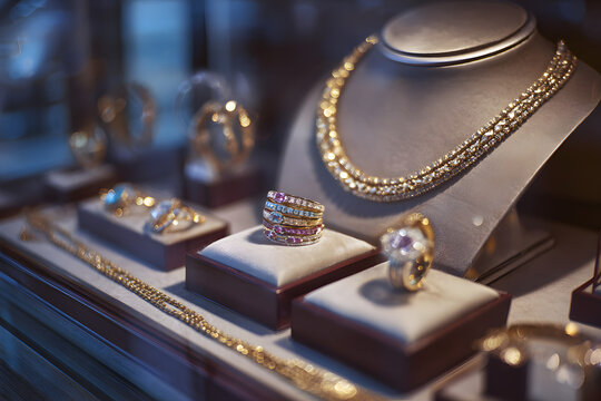 Vitrine de bijouterie de luxe avec colliers, bagues et bracelets en or et pierres pr&eacute;cieuses, pr&eacute;sentation &eacute;l&eacute;gante et raffin&eacute;e, symbole d&rsquo;amour, f&eacute;minit&eacute; et &eacute;l&eacute;gance