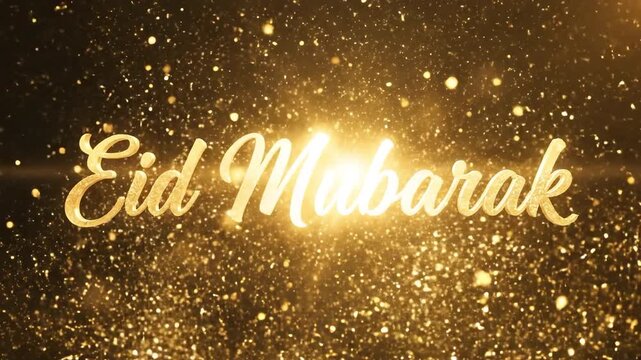 Golden eid mubarak text with bright light and sparkling particle effect on a dark background, suitable for religious greeting, festive banner, digital media, and holiday advertisement.
