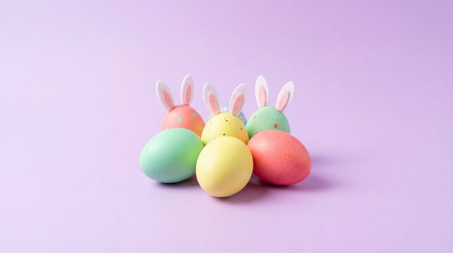 Speckled pastel Easter eggs with felt bunny ears on lilac background, cute spring holiday decoration with copy space for banner, greeting card or poster