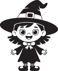 Halloween girl cartoon character in witch costume and hat, black and white vector ill