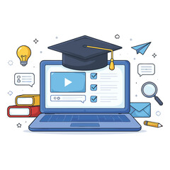 Online education with laptop and graduation cap