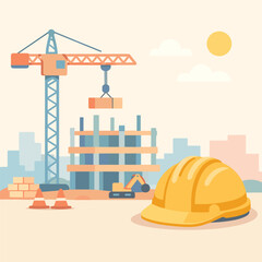 Construction Site with Crane and Safety Helmet