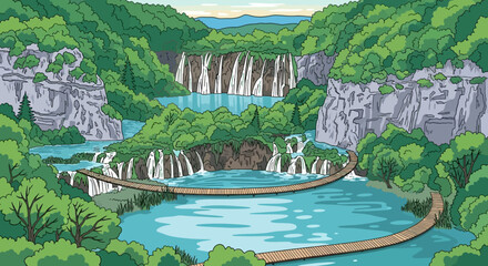 Cartoon Illustration of Plitvice Lakes National Park with Wooden Bridges © diyah