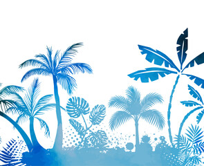 Obraz premium Abstraction of blue palm trees in watercolor. Hand drawn. Not AI, vector illustration.
