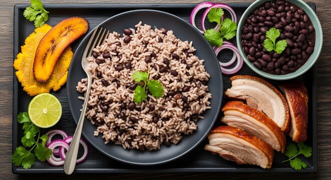Delicious Cuban dish known as Moros y Cristianos is composed of black beans and rice, complemented by plantain, lime, onion, and meat 