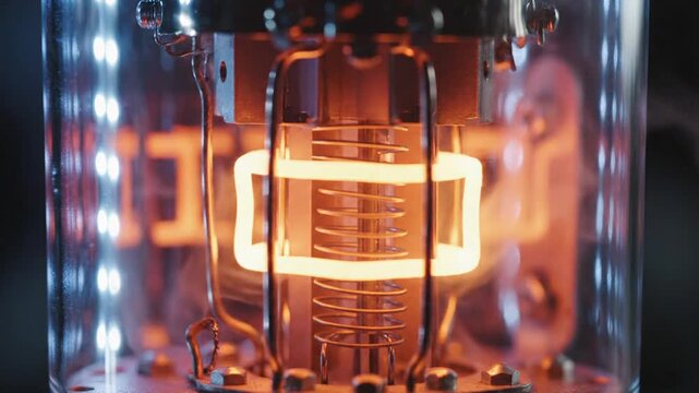 Closeup of a glowing vacuum tube with intricate internal components.