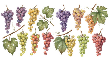 A charming watercolor collection of vineyard grape clusters, including purple, green, and golden grape bunches, textured vine leaves with curling tendrils. © liana