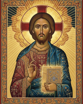 Majestic Byzantine icon depicting Jesus Christ enthroned, surrounded by a circular golden background. Digital download, Greek Orthodox art.
