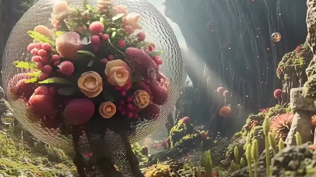 Surreal Fantasy Landscape with Floral Sphere.