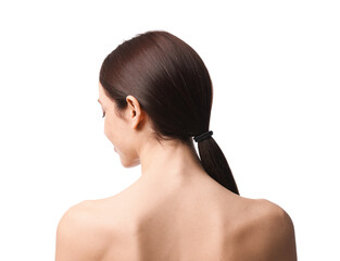 Fototapeta premium Beautiful woman with healthy skin on white background, back view