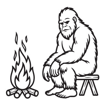 Sasquatch sitting by campfire vector illustration mythical bigfoot monster warming up by fire on wooden stool outdoor camping scene line art design for wilderness hiking adventure enthusiasts
