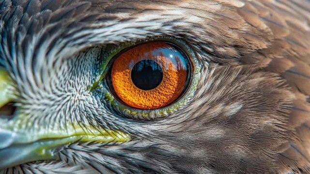 Closeup of a hawks eye showcasing intricate details and vibrant colors.