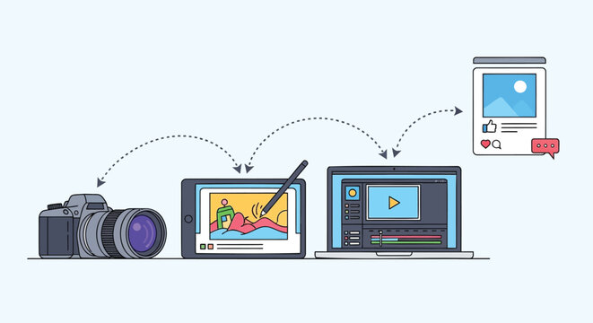Vector illustration of a camera, tablet, and laptop connected by arrows, showcasing a workflow from photography to video editing on a transparent background