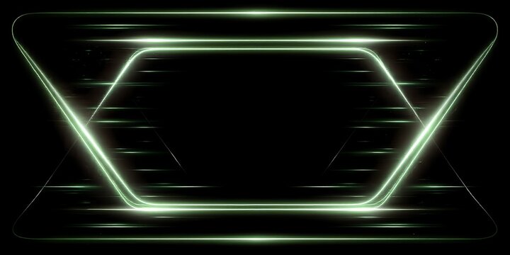 A neon green trapezoid shape with glowing effects and motion blur on a black background, creating a futuristic and dynamic visual effect