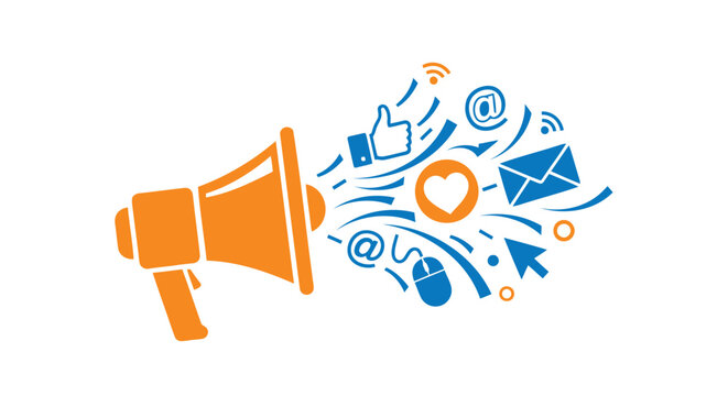 Vector illustration of a megaphone with social media icons and symbols emerging from it