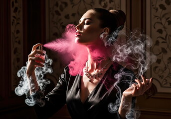 A young and beautiful woman delights in the freshness and aroma of her perfume as she applies it to her face and body.