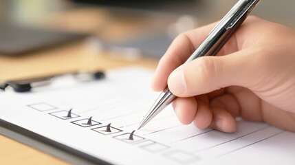 書類のチェックボックスにペンで印を付ける手元
