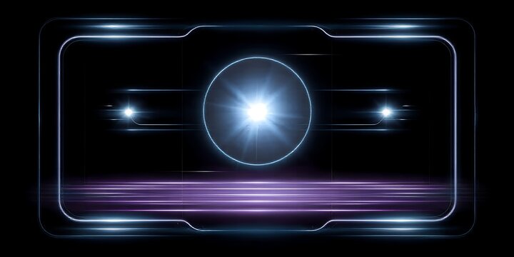 A futuristic neon-lit rectangular frame surrounds a glowing blue circle with a starburst effect and smaller lights on either side against a dark background