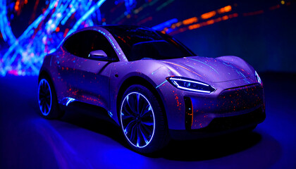 A sleek, futuristic electric car in motion, featuring a smooth aerodynamic design