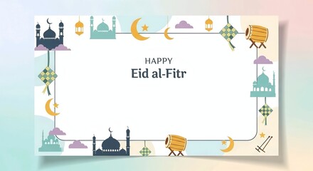 Fototapeta premium Professional vertical Eid banner template or lebaranwith pastel background, mosque, crescent, ketupat, and bedug elements. Perfect for Ramadan campaigns, greetings, social media, and Islamic branding.