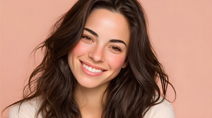 jeune femme brune hispanique souriante avec les cheveux ondul&eacute;s sur fond rose