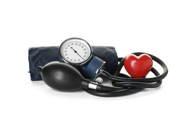 Measuring blood pressure. Sphygmomanometer and red heart figure isolated on white