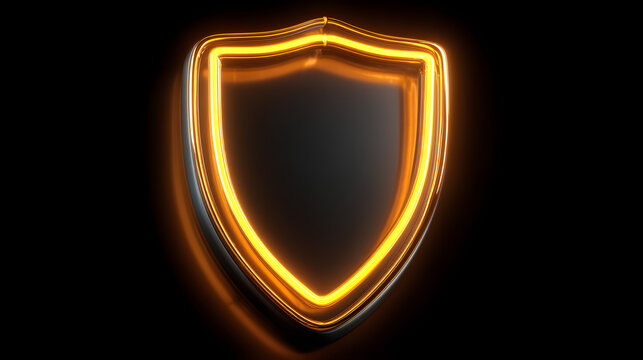 Orange and yellow neon light shield icon. Vibrant colored technology symbol, isolated on a black background. 3D Render
