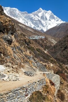Mount Lhotse peak and Shomare village