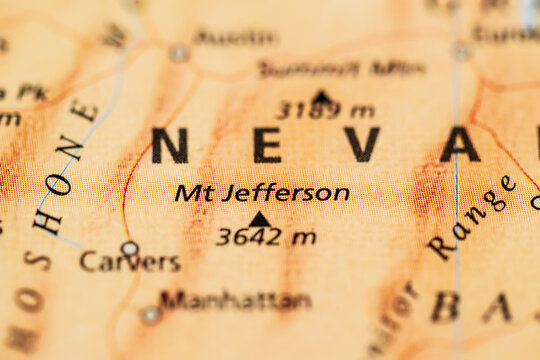 Close up map featuring Mount Jefferson and Nevada terrain.