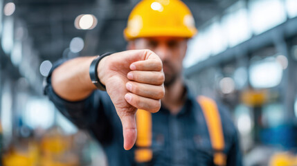 Worker showing thumbs down in factory setting during daytime while wearing yellow hard hat and safety gear