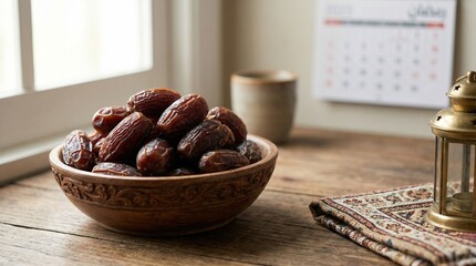 A bowl of dates sits on a wooden table next to a lantern and calendar