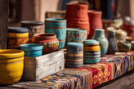Close-up of pots, boxes and woven textiles for sale outside shop, Guadalupe Street, Sante Fe, New Mexico