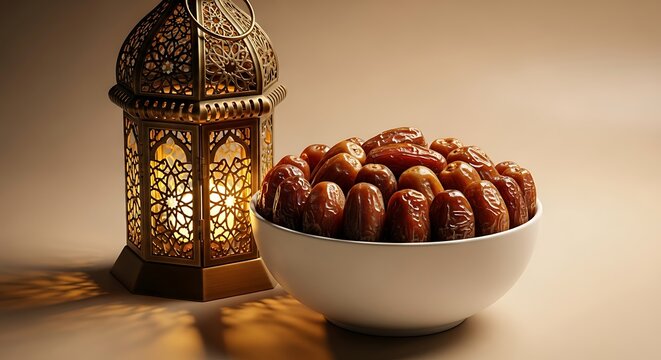 A luxury Ramadan concept image showing premium date fruits arranged neatly in a ceramic bowl with an elegant brass lantern glowing softly, warm golden lighting, refined Islamic festive mood