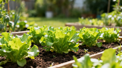 Rows of crisp green lettuce growing in wooden raised garden bed under warm sunlight. Organic farming and homegrown food concept.