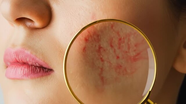 Close-up of magnifying glass showing red rosacea or couperose veins on woman's cheek skin, concept of dermatology and skincare treatment