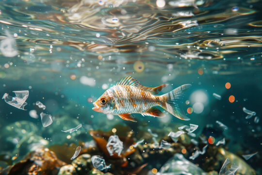 Poissons nageant dans une eau envahie de d&eacute;chets plastiques, illustrant la pollution marine et la menace des microplastiques sur les &eacute;cosyst&egrave;mes aquatiques.