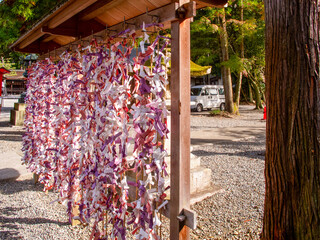 神社のよく見るおみくじを引いた後に願掛けをして掛ける結び所の風景