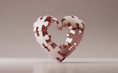 3D Floating Puzzle Pieces Connecting to Form a Glowing Heart, Emotional Unity Concept