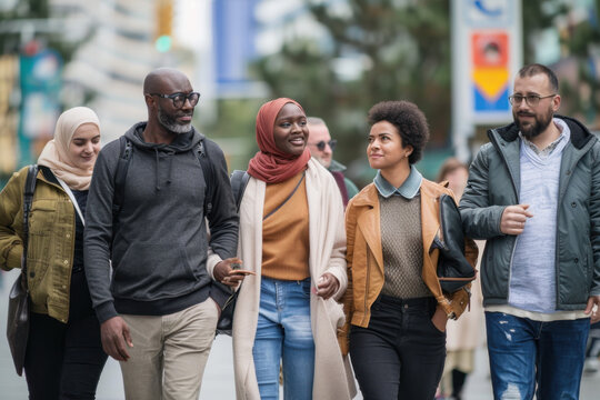Groupe de personnes issues de milieux culturels vari&eacute;s marchant ensemble en ville, diversit&eacute;, inclusion sociale et coh&eacute;sion urbaine