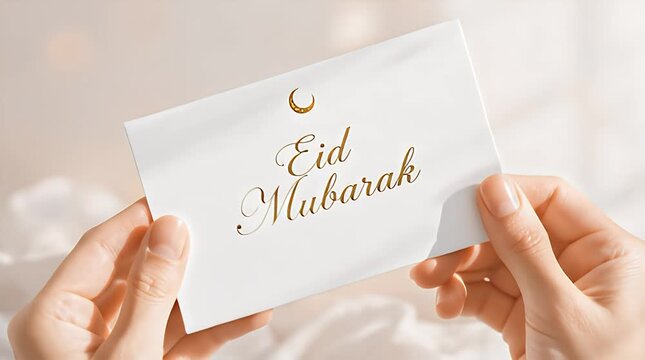 Elegant Eid Mubarak card held by hands in soft lighting
