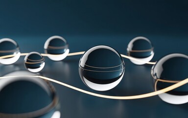 3D Glass Spheres Interconnected by Golden Energy Lines, Modern Connecetioneering Visualization