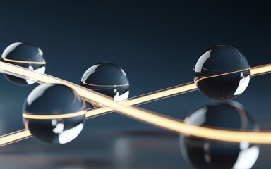 3D Glass Spheres Interconnected by Golden Energy Lines, Modern Connecetioneering Visualization