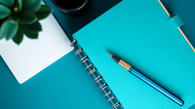 A photo of a teal blue journal with a pen, an elegant notebook or planner, shot from above with copy space