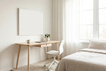 Fototapeta premium A bright, minimalist bedroom or home office with a wooden desk, white chair, and a blank frame mockup.